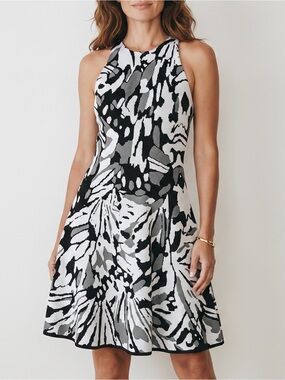 WHITE HOUSE BLACK MARKET Monochrome Abstract Jacquard Knit Fit & Flare Dress